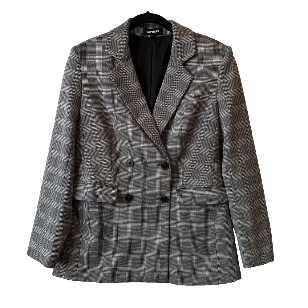 Express Womens Glen Plaid Double Breasted Blazer Jacket Grey M Corporate Poet